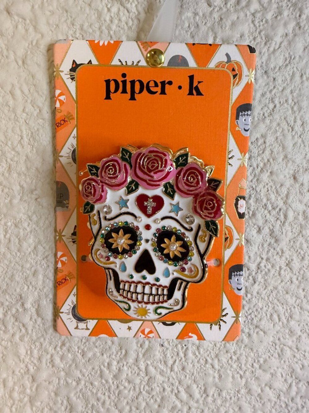 Piper K Sugar Skull Hair Clip Rose Rhinestone Halloween NWT